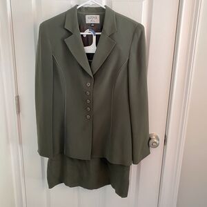 Kasper Skirt Suit Womens 12 Silk Blazer Button Career Classic Lined Zip Green